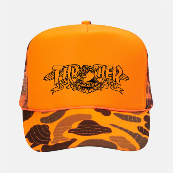 Thrasher x AntiHero Mag Banner Trucker Hat Orange