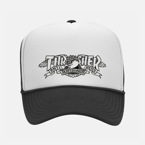 Thrasher x AntiHero Mag Banner Trucker Hat White
